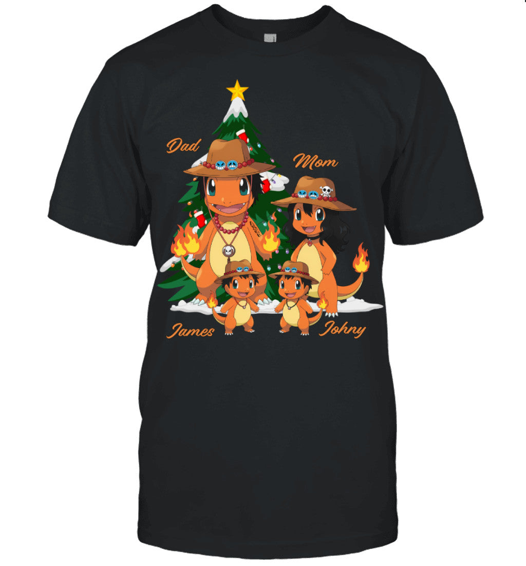 Charmander x Portgas D. Ace Parents & Sons Custom Name Christmas T-Shirt for Family