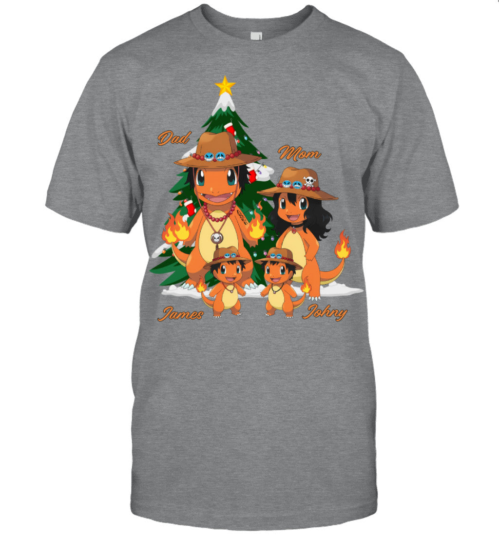 Charmander x Portgas D. Ace Parents & Sons Custom Name Christmas T-Shirt for Family