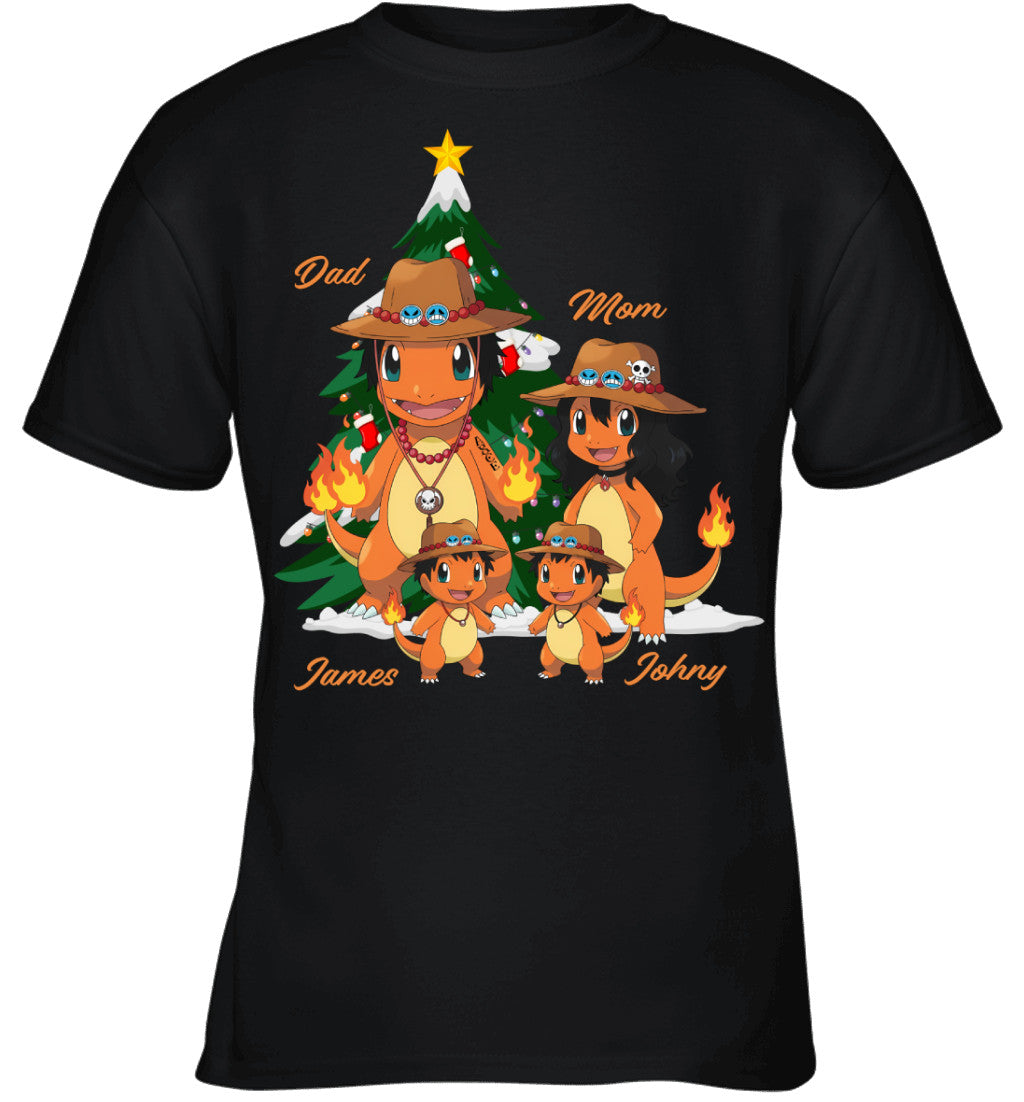 Charmander x Portgas D. Ace Parents & Sons Custom Name Christmas T-Shirt for Family