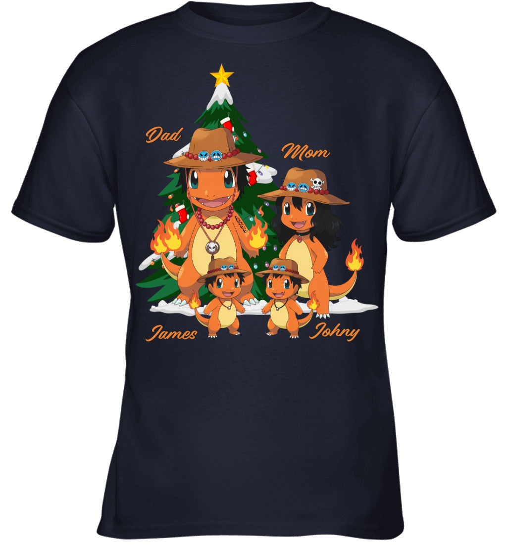 Charmander x Portgas D. Ace Parents & Sons Custom Name Christmas T-Shirt for Family