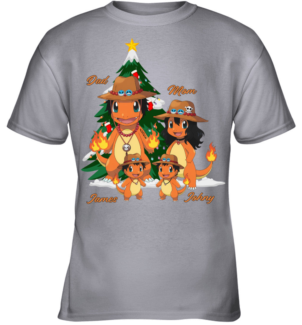 Charmander x Portgas D. Ace Parents & Sons Custom Name Christmas T-Shirt for Family