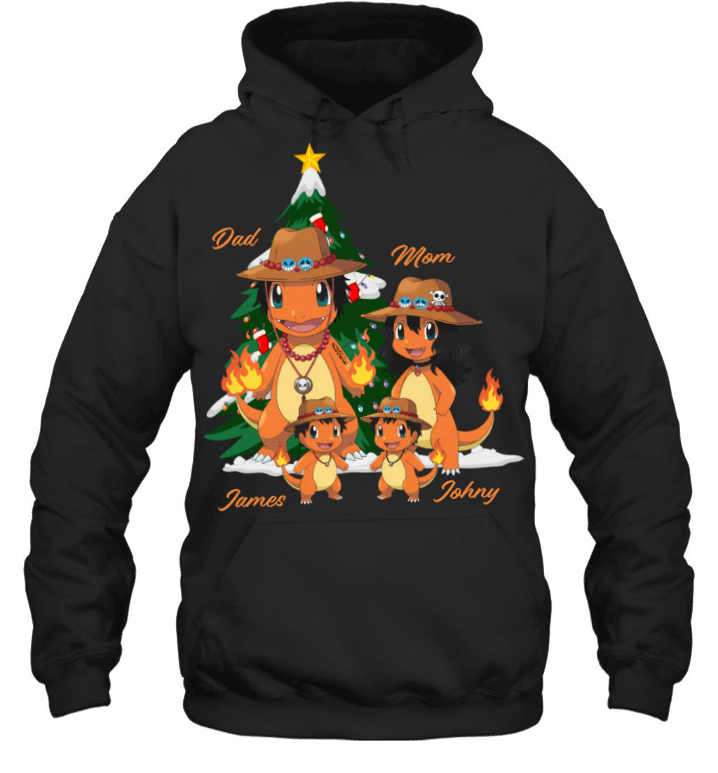 Charmander x Portgas D. Ace Parents & Sons Custom Name Christmas T-Shirt for Family