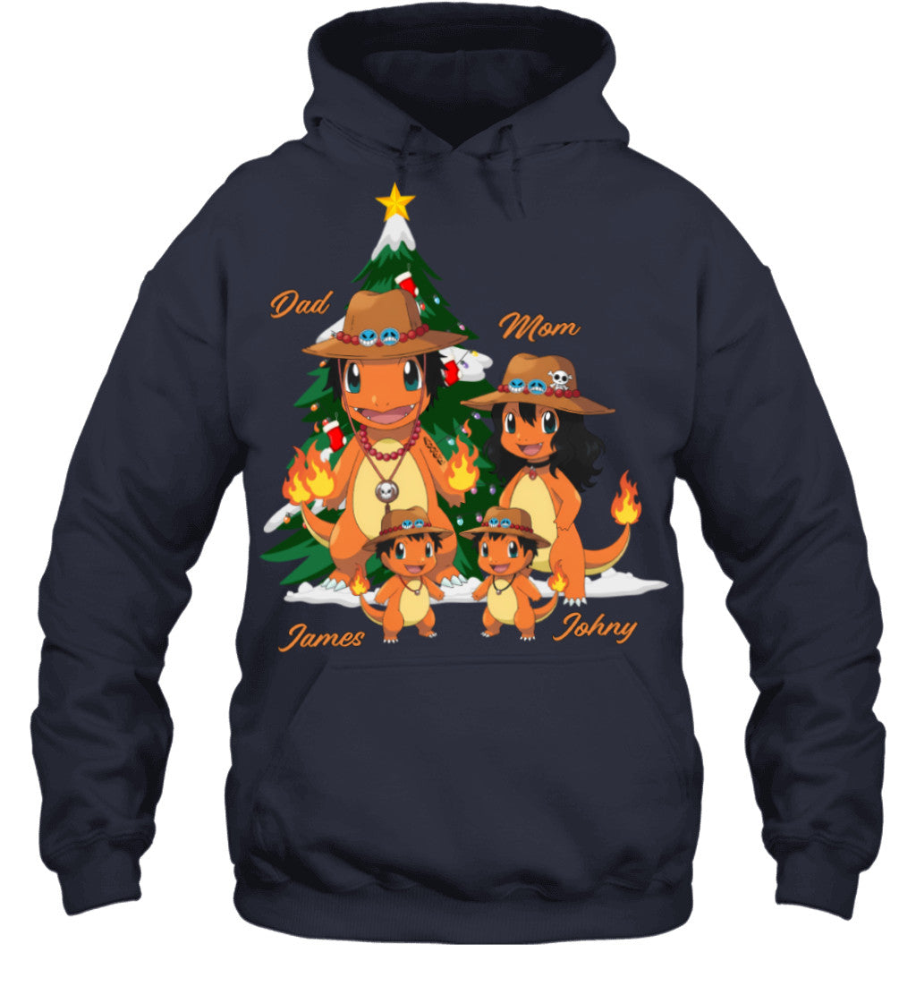 Charmander x Portgas D. Ace Parents & Sons Custom Name Christmas T-Shirt for Family
