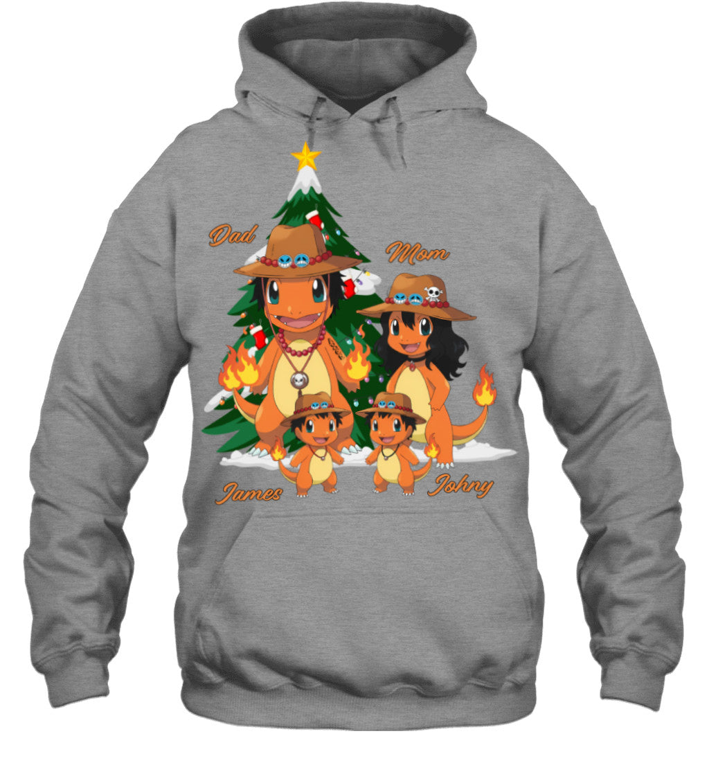 Charmander x Portgas D. Ace Parents & Sons Custom Name Christmas T-Shirt for Family