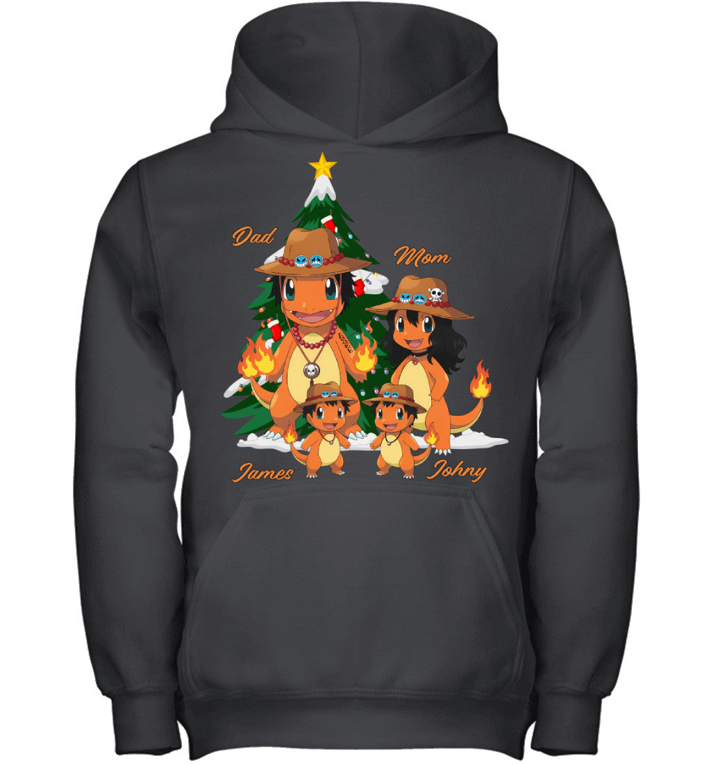 Charmander x Portgas D. Ace Parents & Sons Custom Name Christmas T-Shirt for Family