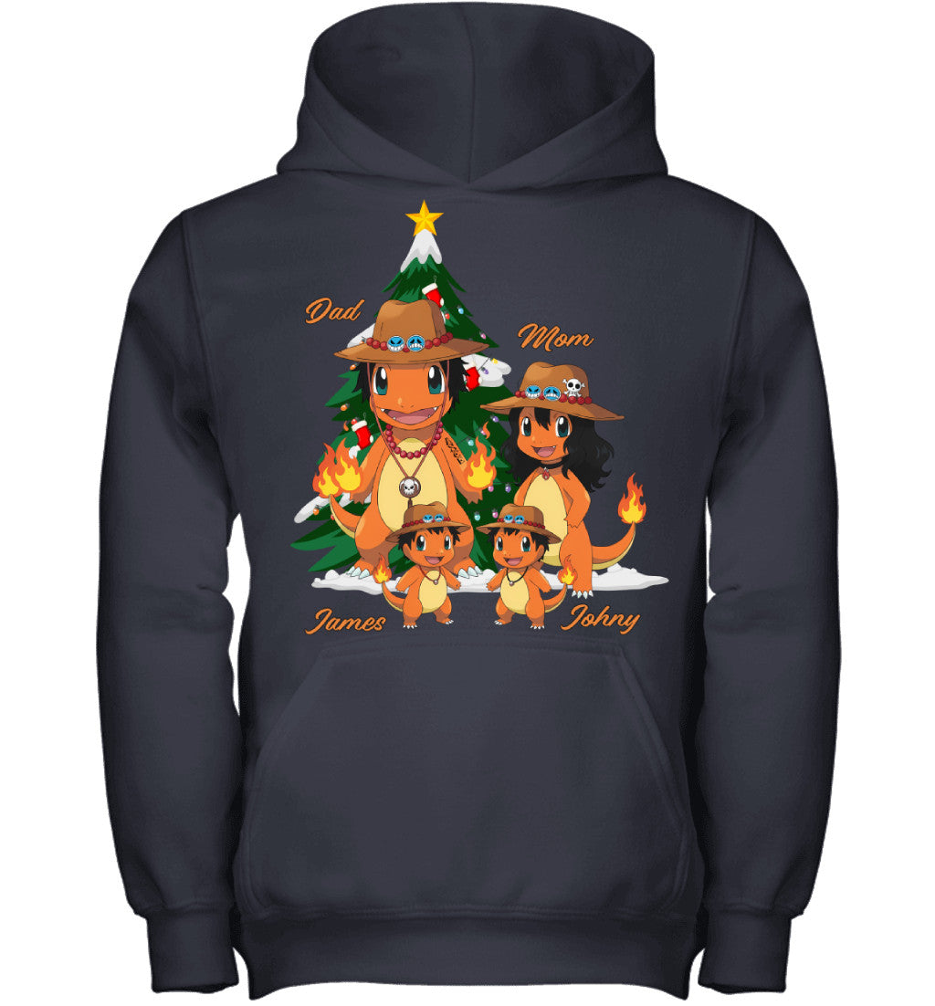Charmander x Portgas D. Ace Parents & Sons Custom Name Christmas T-Shirt for Family
