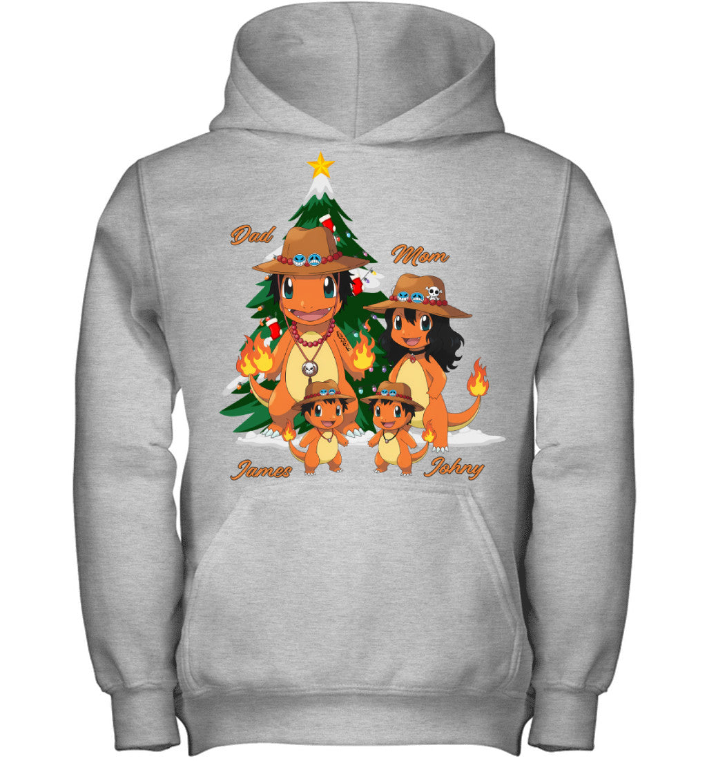 Charmander x Portgas D. Ace Parents & Sons Custom Name Christmas T-Shirt for Family