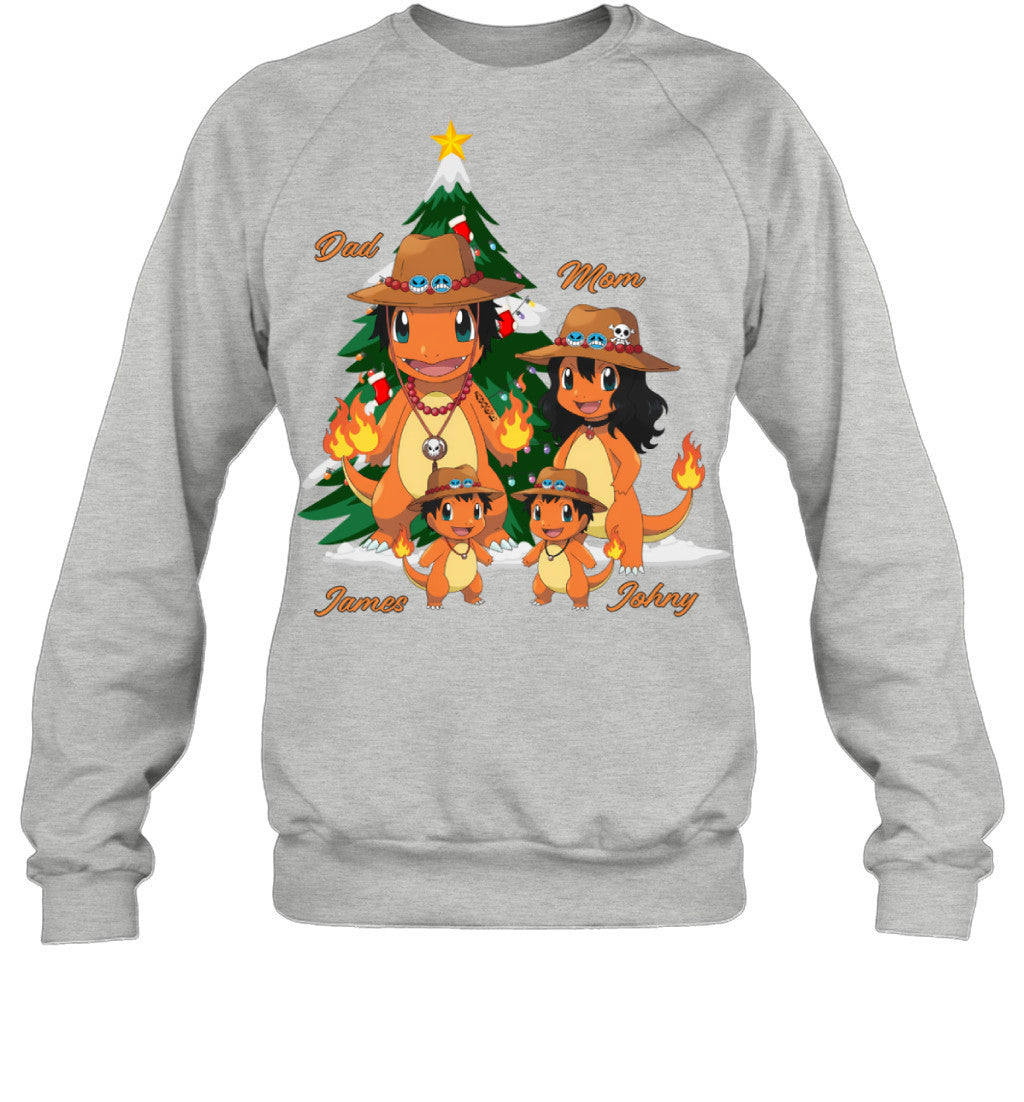 Charmander x Portgas D. Ace Parents & Sons Custom Name Christmas T-Shirt for Family