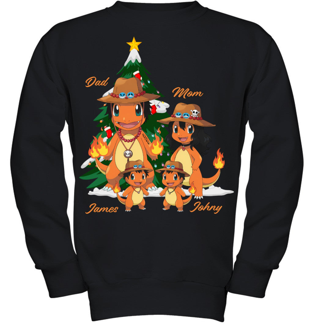 Charmander x Portgas D. Ace Parents & Sons Custom Name Christmas T-Shirt for Family