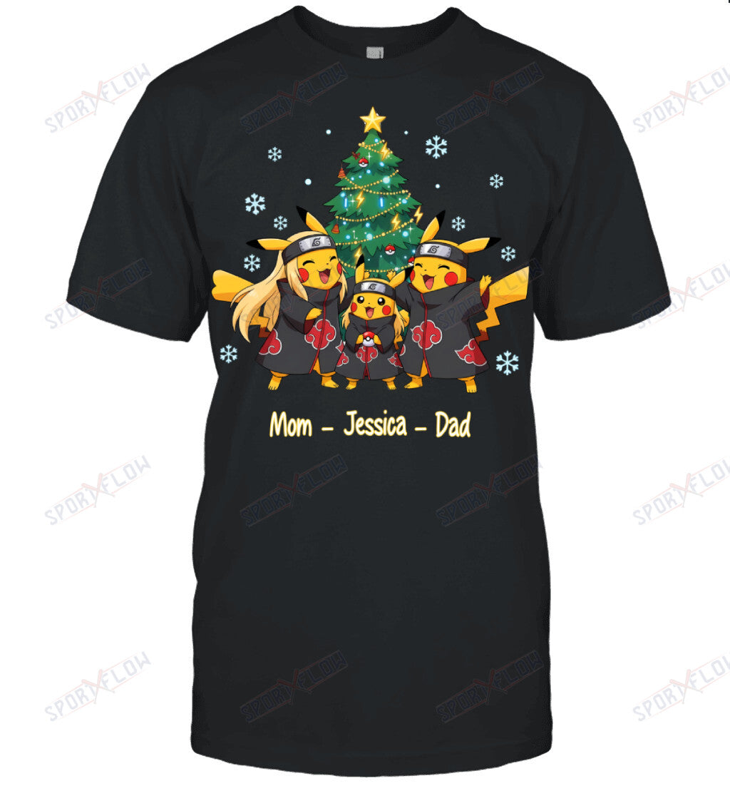 Pikachu x Uchiha Akatsuki Parents & Daughter Custom Name Christmas T-Shirt for Family