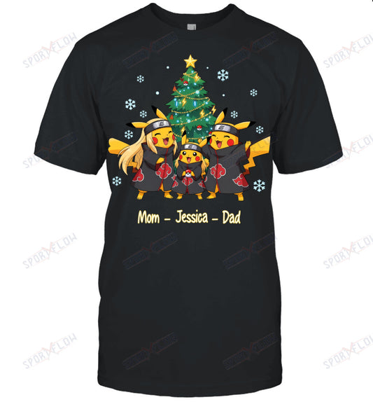 Pikachu x Uchiha Akatsuki Parents & Daughter Custom Name Christmas T-Shirt for Family