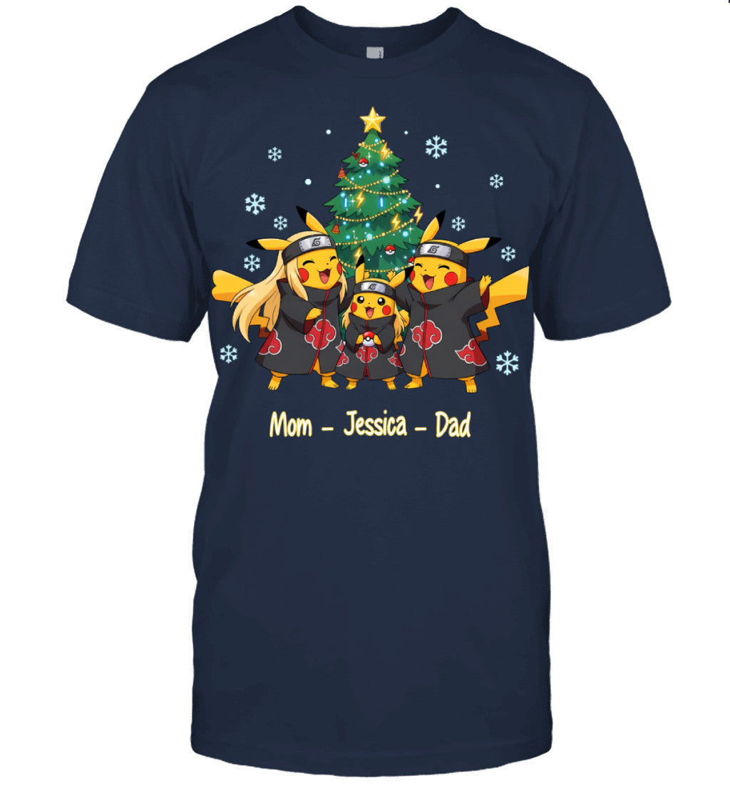 Pikachu x Uchiha Akatsuki Parents & Daughter Custom Name Christmas T-Shirt for Family