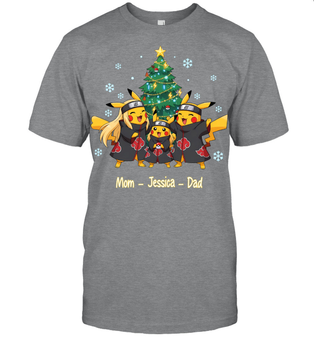 Pikachu x Uchiha Akatsuki Parents & Daughter Custom Name Christmas T-Shirt for Family