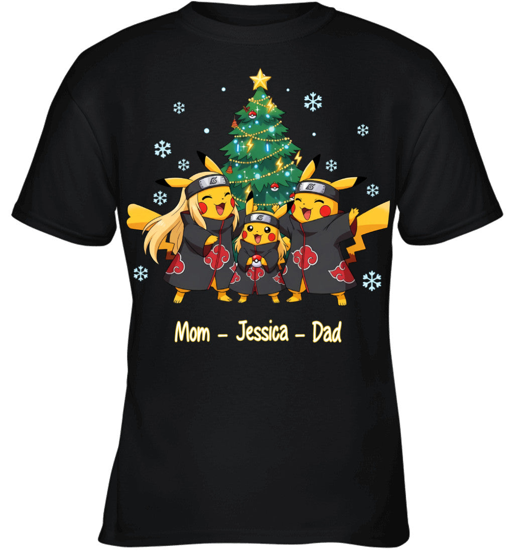 Pikachu x Uchiha Akatsuki Parents & Daughter Custom Name Christmas T-Shirt for Family
