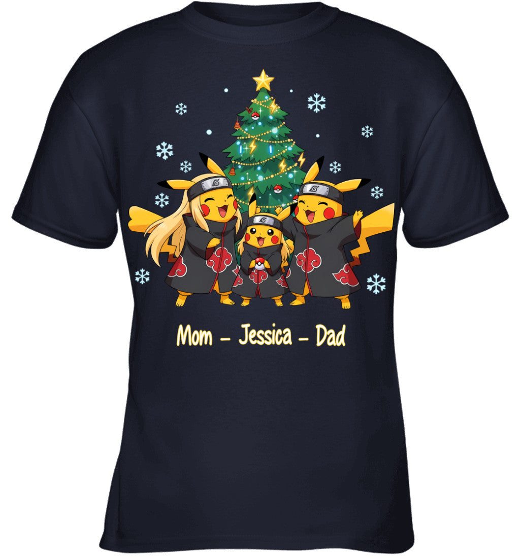 Pikachu x Uchiha Akatsuki Parents & Daughter Custom Name Christmas T-Shirt for Family