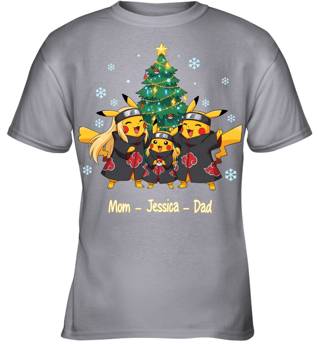 Pikachu x Uchiha Akatsuki Parents & Daughter Custom Name Christmas T-Shirt for Family