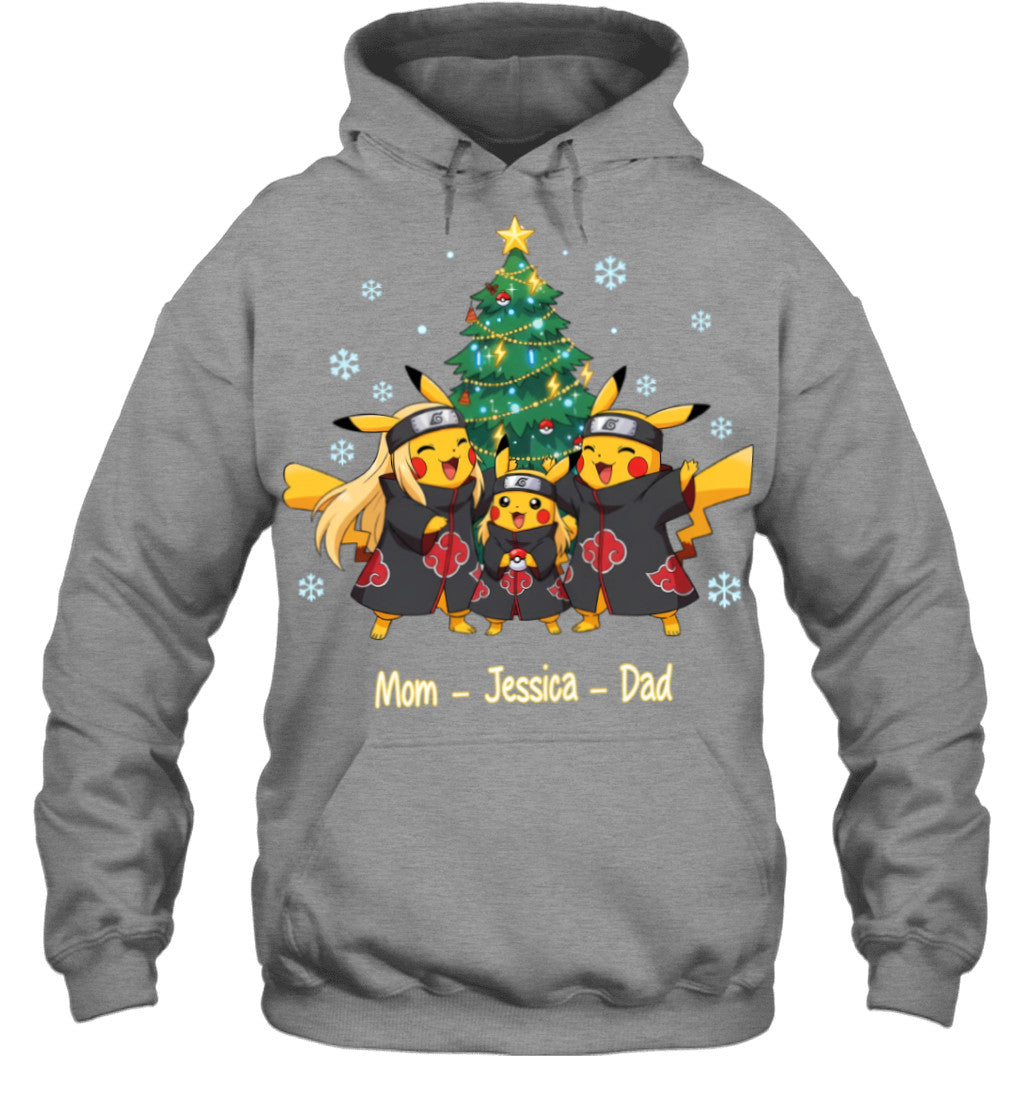 Pikachu x Uchiha Akatsuki Parents & Daughter Custom Name Christmas T-Shirt for Family