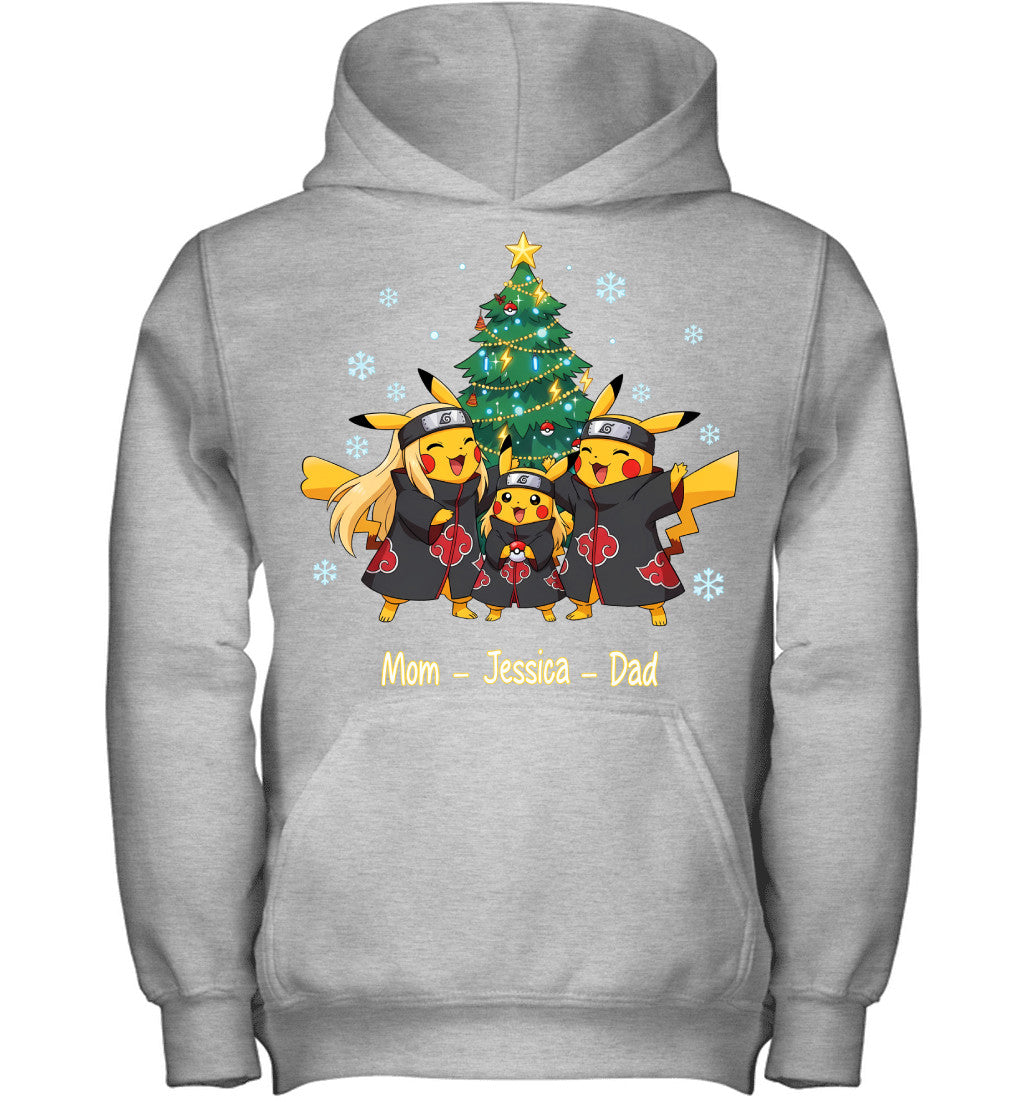 Pikachu x Uchiha Akatsuki Parents & Daughter Custom Name Christmas T-Shirt for Family