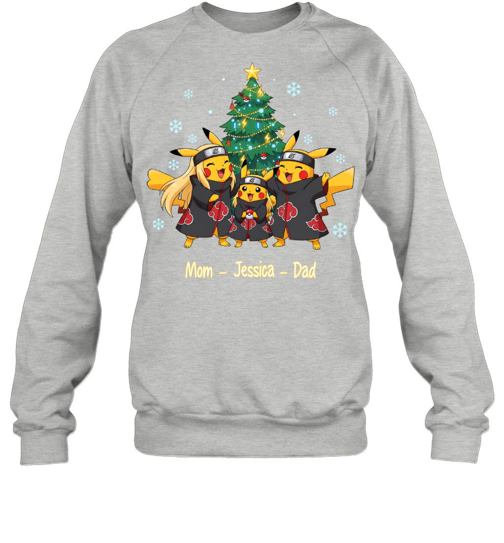 Pikachu x Uchiha Akatsuki Parents & Daughter Custom Name Christmas T-Shirt for Family