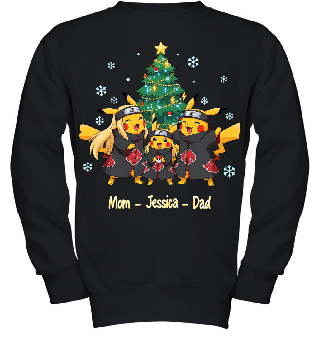 Pikachu x Uchiha Akatsuki Parents & Daughter Custom Name Christmas T-Shirt for Family