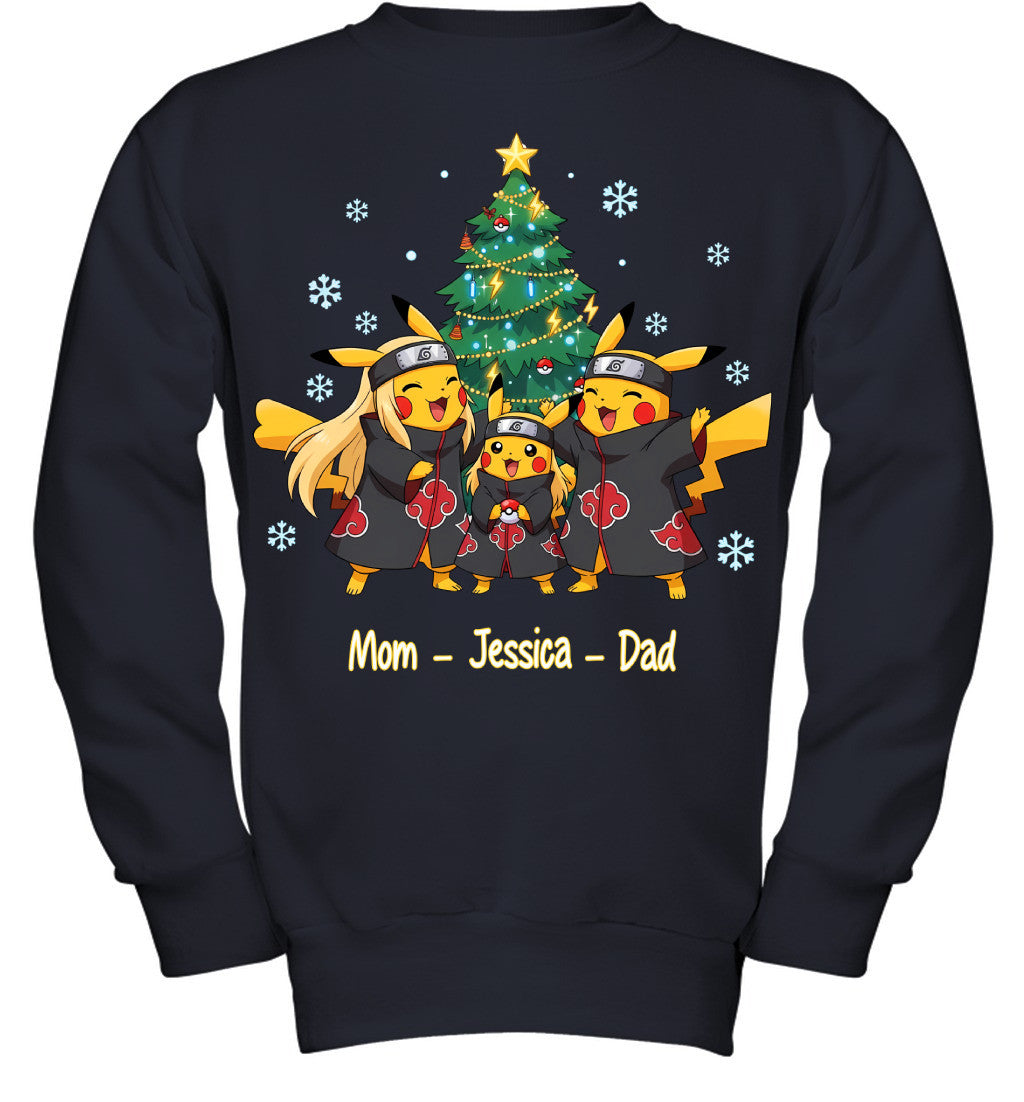 Pikachu x Uchiha Akatsuki Parents & Daughter Custom Name Christmas T-Shirt for Family