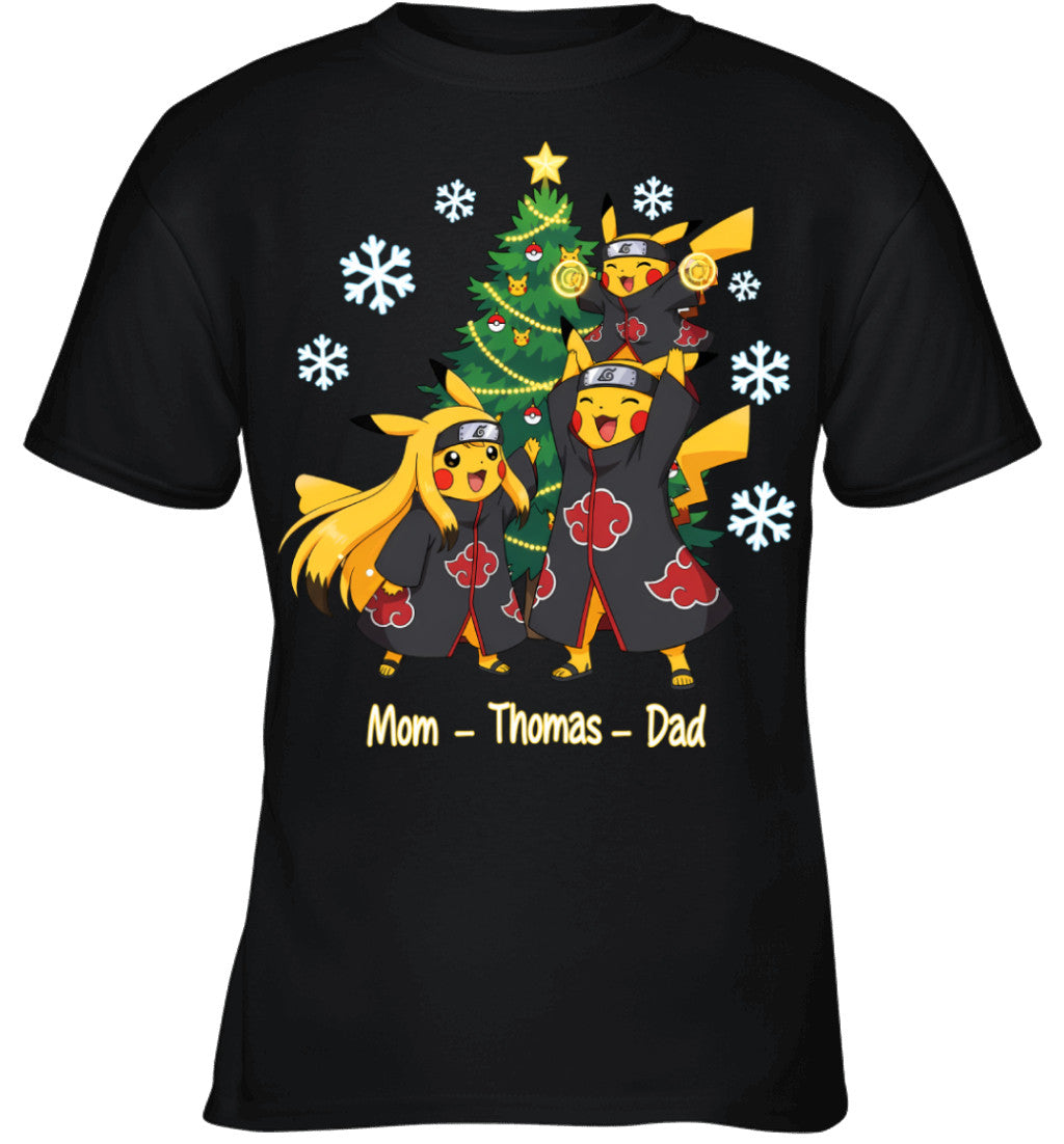Pikachu x Uchiha Akatsuki Parents & Son Custom Name Christmas T-Shirt for Family