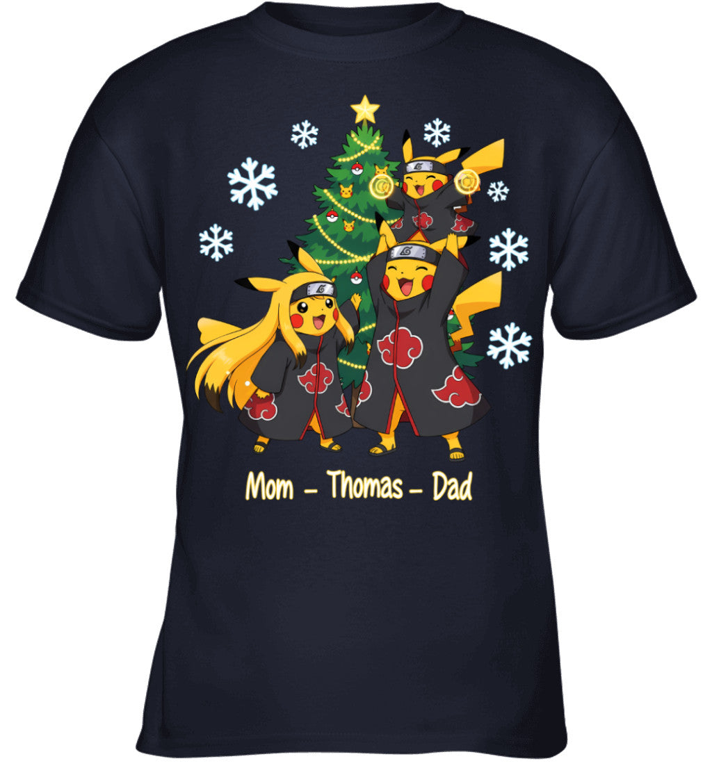 Pikachu x Uchiha Akatsuki Parents & Son Custom Name Christmas T-Shirt for Family