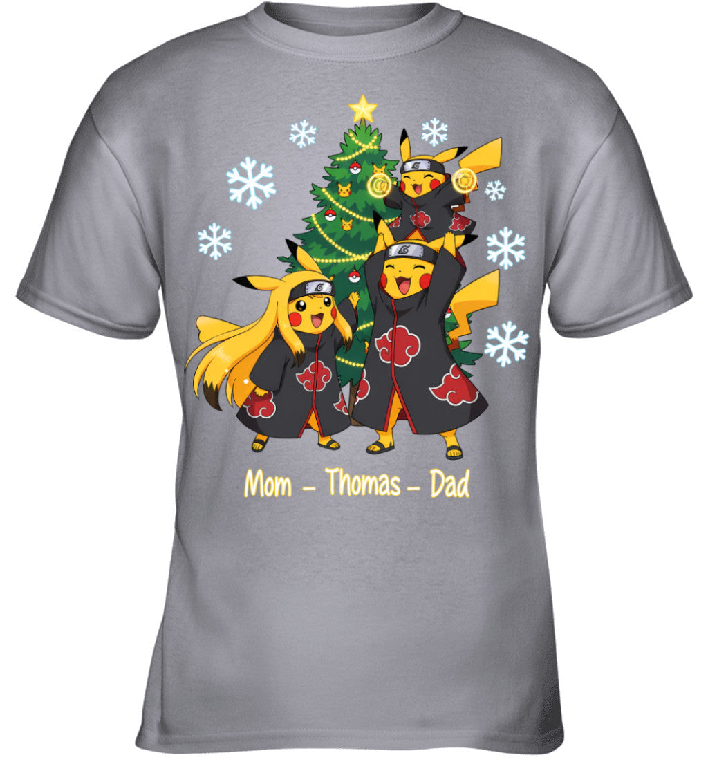 Pikachu x Uchiha Akatsuki Parents & Son Custom Name Christmas T-Shirt for Family