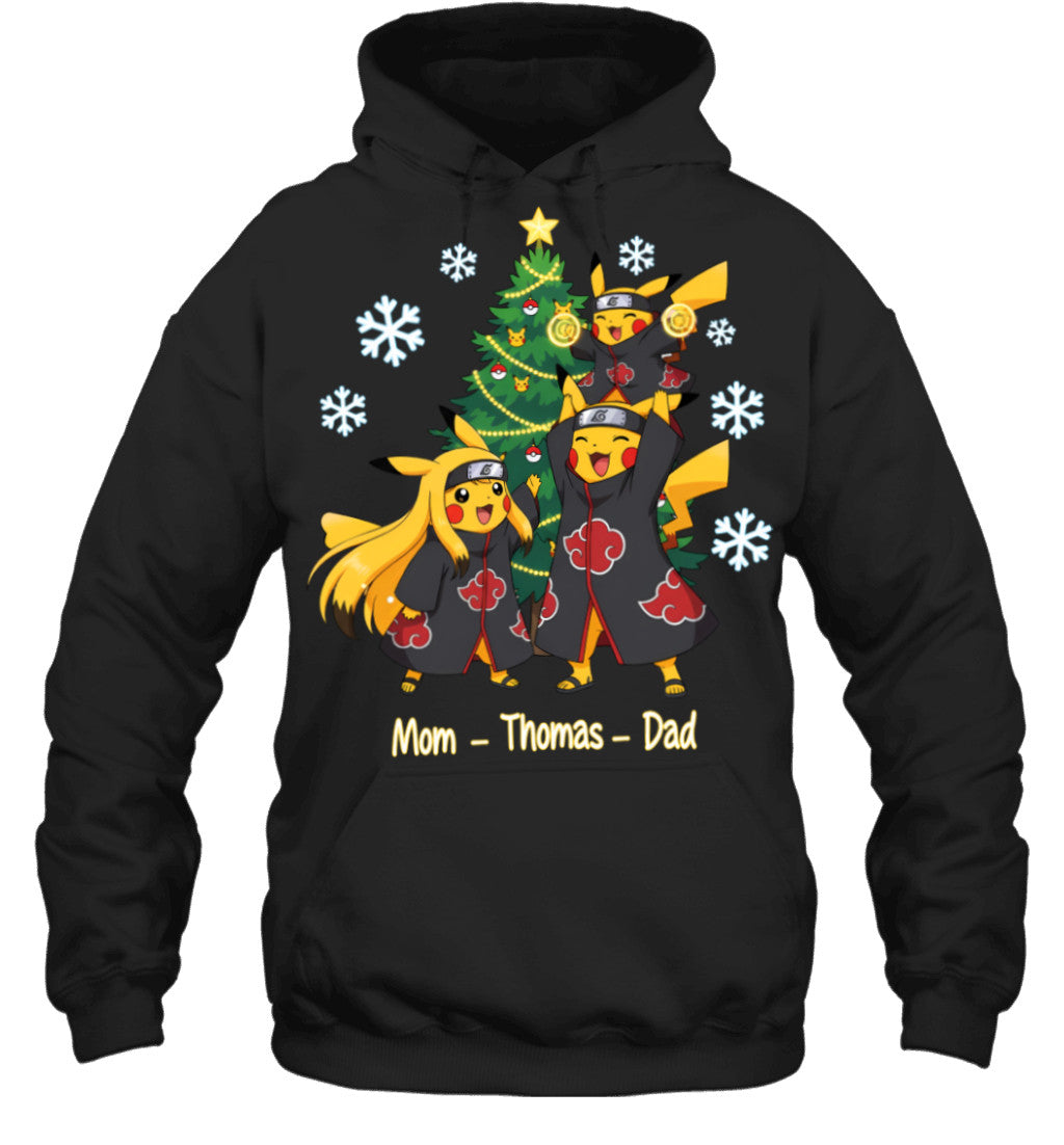 Pikachu x Uchiha Akatsuki Parents & Son Custom Name Christmas T-Shirt for Family