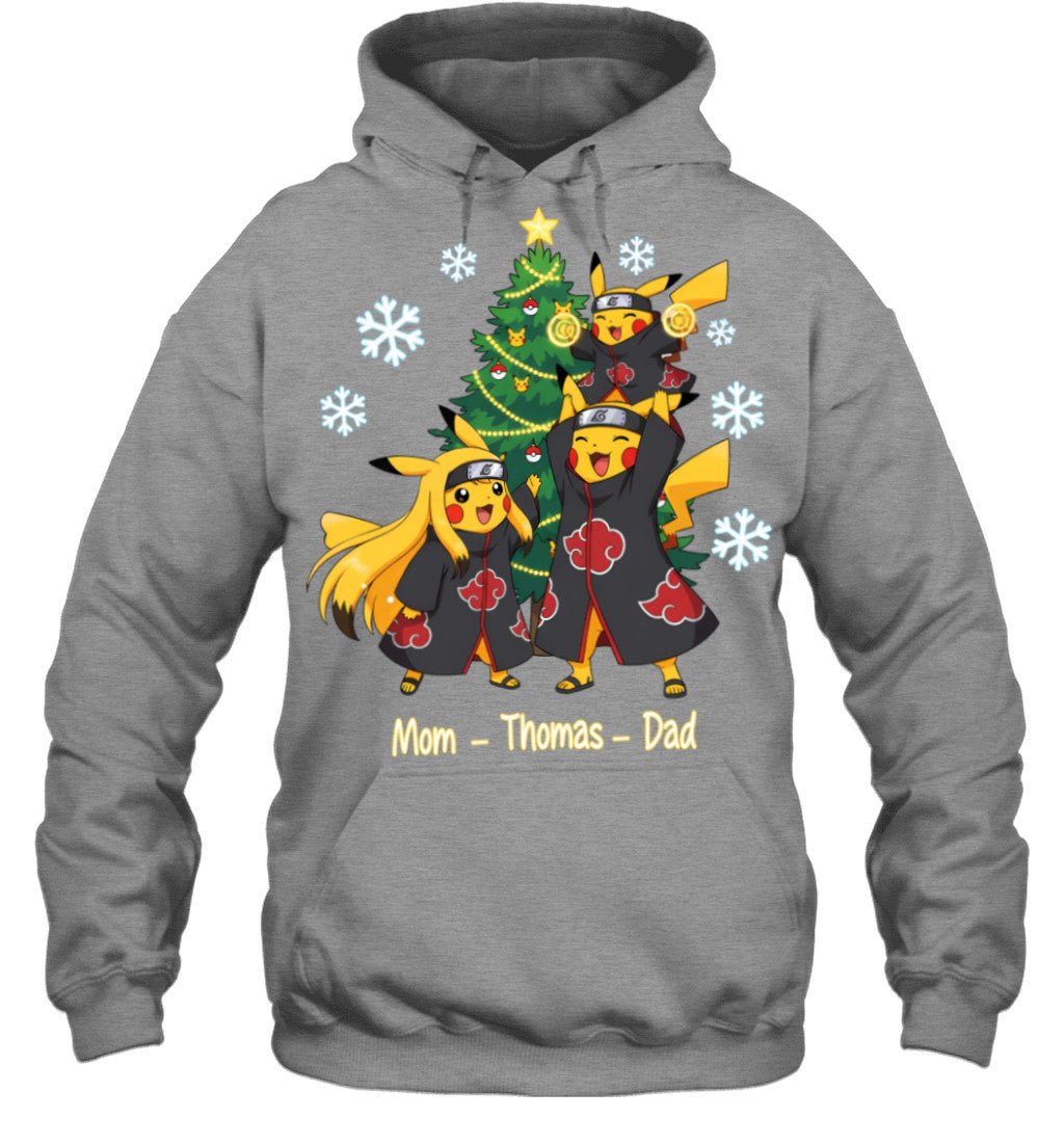 Pikachu x Uchiha Akatsuki Parents & Son Custom Name Christmas T-Shirt for Family