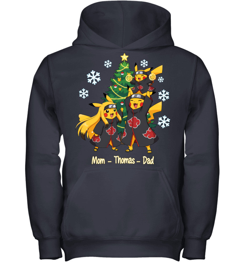 Pikachu x Uchiha Akatsuki Parents & Son Custom Name Christmas T-Shirt for Family