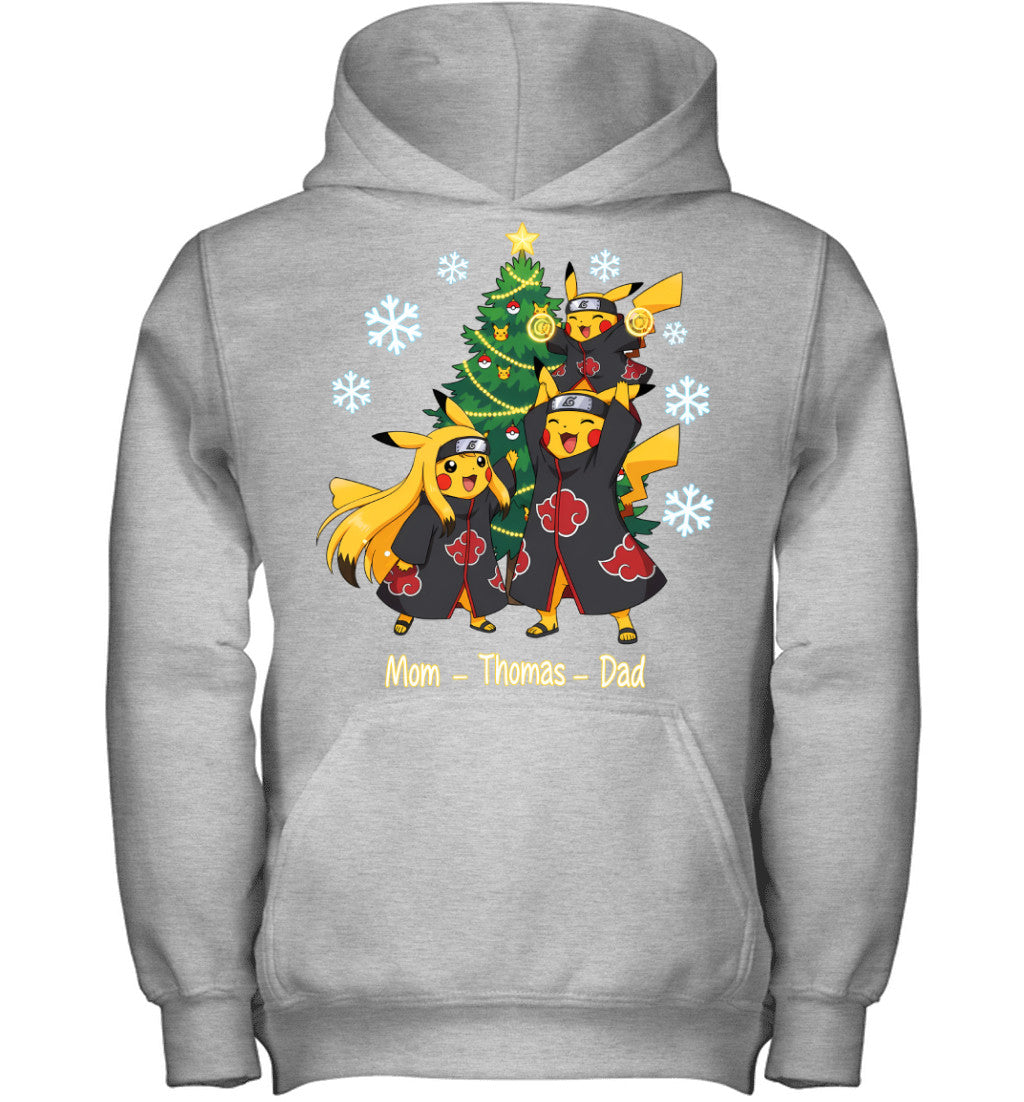 Pikachu x Uchiha Akatsuki Parents & Son Custom Name Christmas T-Shirt for Family