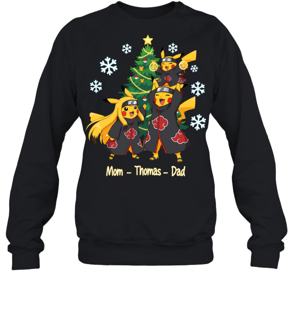 Pikachu x Uchiha Akatsuki Parents & Son Custom Name Christmas T-Shirt for Family