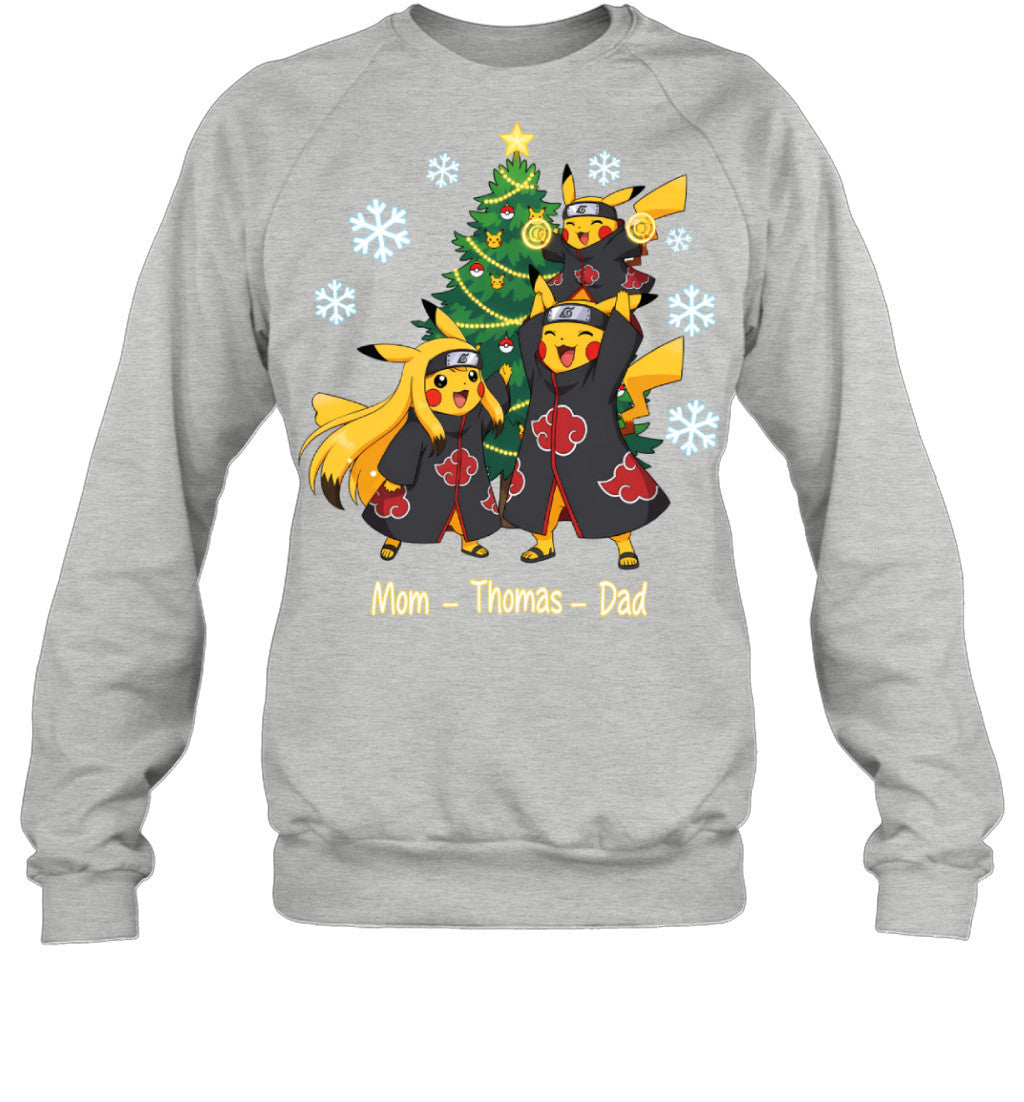 Pikachu x Uchiha Akatsuki Parents & Son Custom Name Christmas T-Shirt for Family