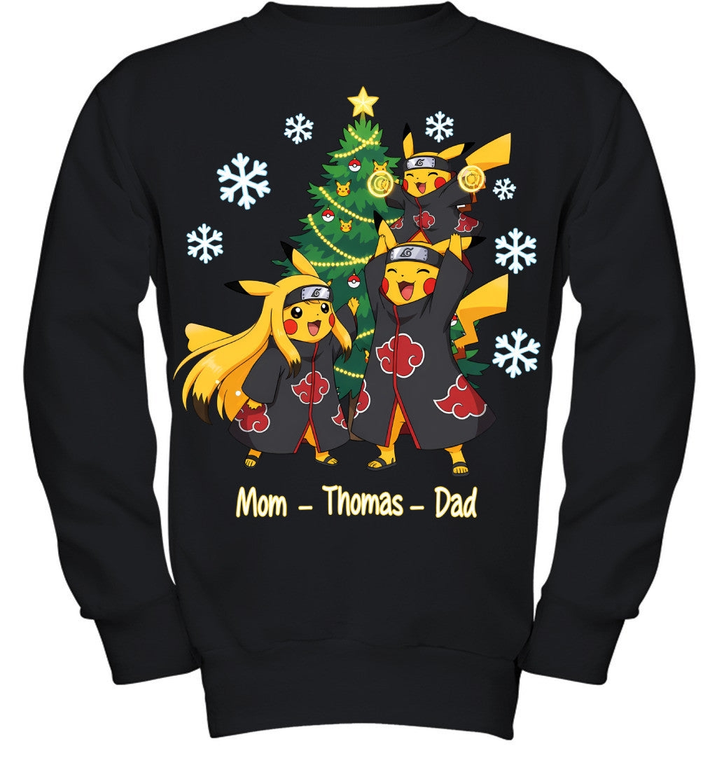 Pikachu x Uchiha Akatsuki Parents & Son Custom Name Christmas T-Shirt for Family