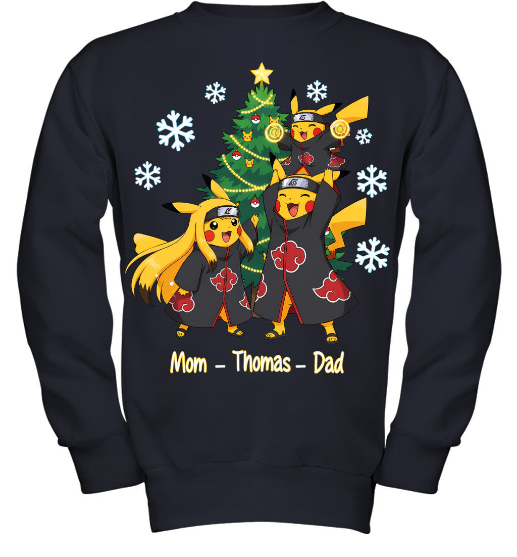 Pikachu x Uchiha Akatsuki Parents & Son Custom Name Christmas T-Shirt for Family