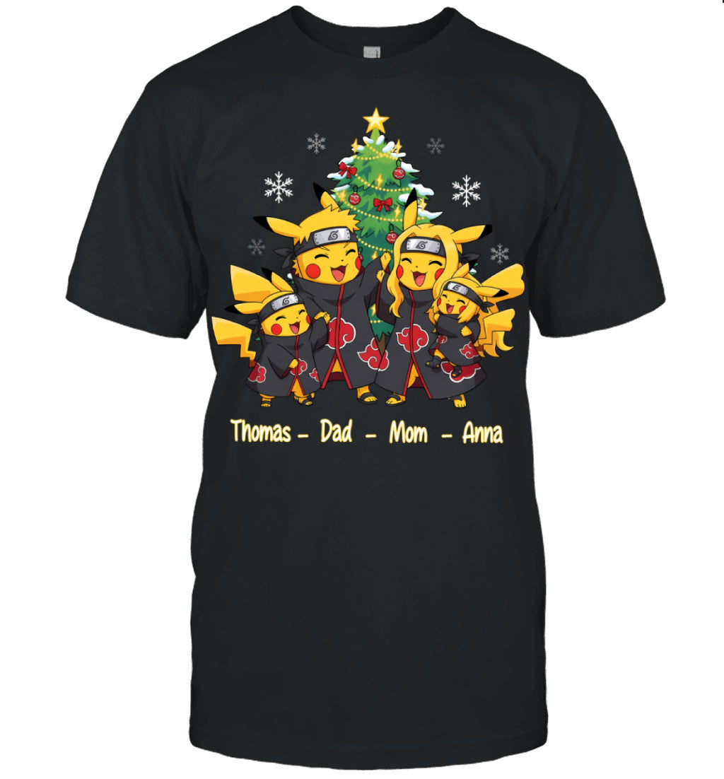 Pikachu x Uchiha Akatsuki Parents & Kids Custom Name Christmas T-Shirt for Family
