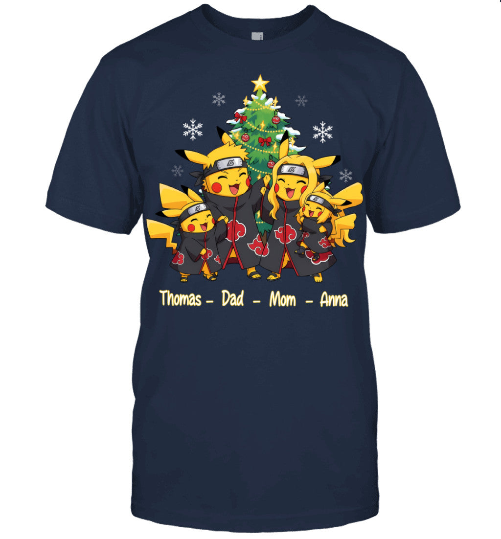Pikachu x Uchiha Akatsuki Parents & Kids Custom Name Christmas T-Shirt for Family