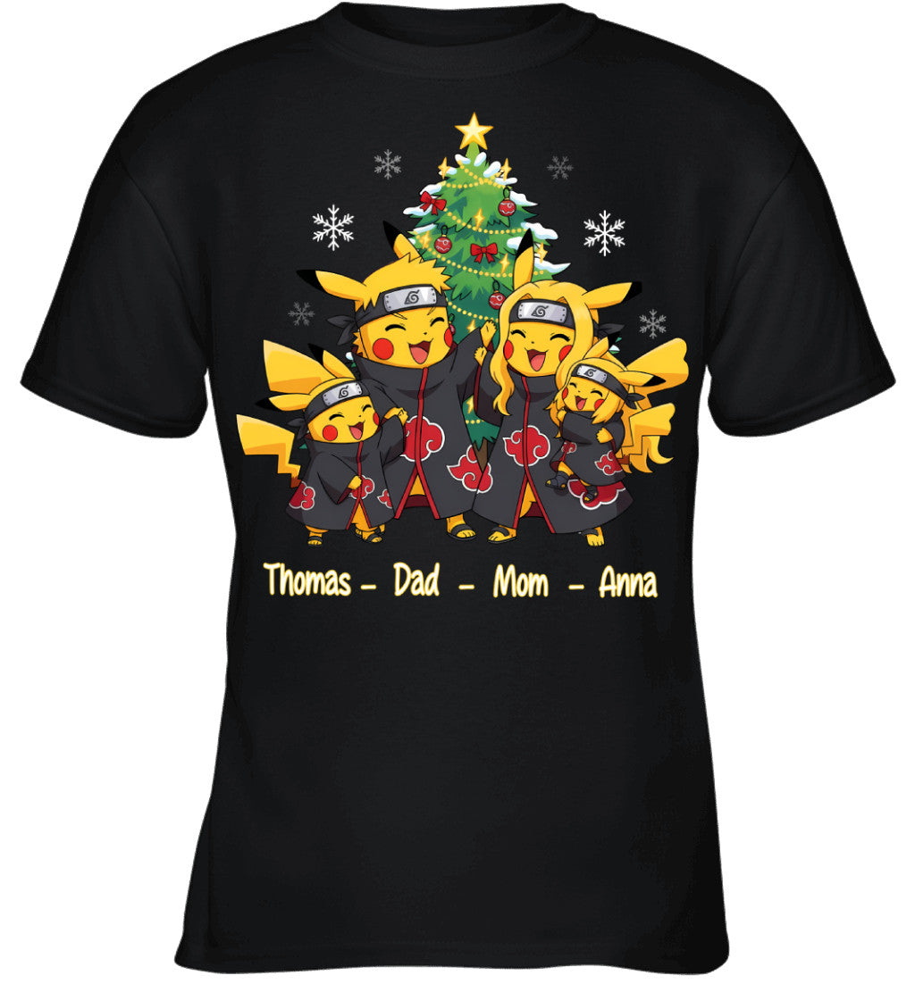 Pikachu x Uchiha Akatsuki Parents & Kids Custom Name Christmas T-Shirt for Family