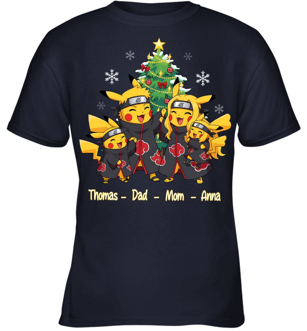 Pikachu x Uchiha Akatsuki Parents & Kids Custom Name Christmas T-Shirt for Family