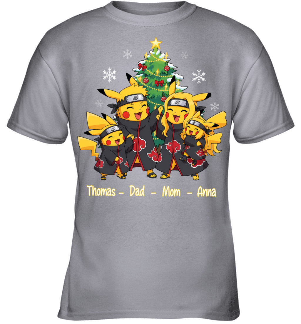 Pikachu x Uchiha Akatsuki Parents & Kids Custom Name Christmas T-Shirt for Family