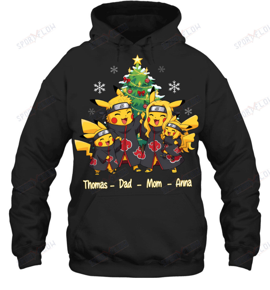 Pikachu x Uchiha Akatsuki Parents & Kids Custom Name Christmas T-Shirt for Family