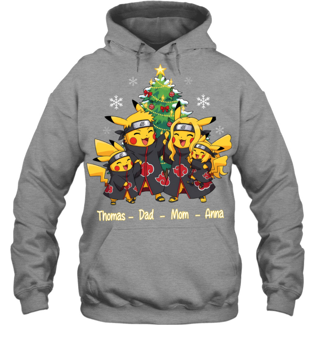 Pikachu x Uchiha Akatsuki Parents & Kids Custom Name Christmas T-Shirt for Family