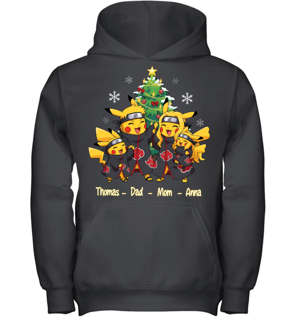 Pikachu x Uchiha Akatsuki Parents & Kids Custom Name Christmas T-Shirt for Family