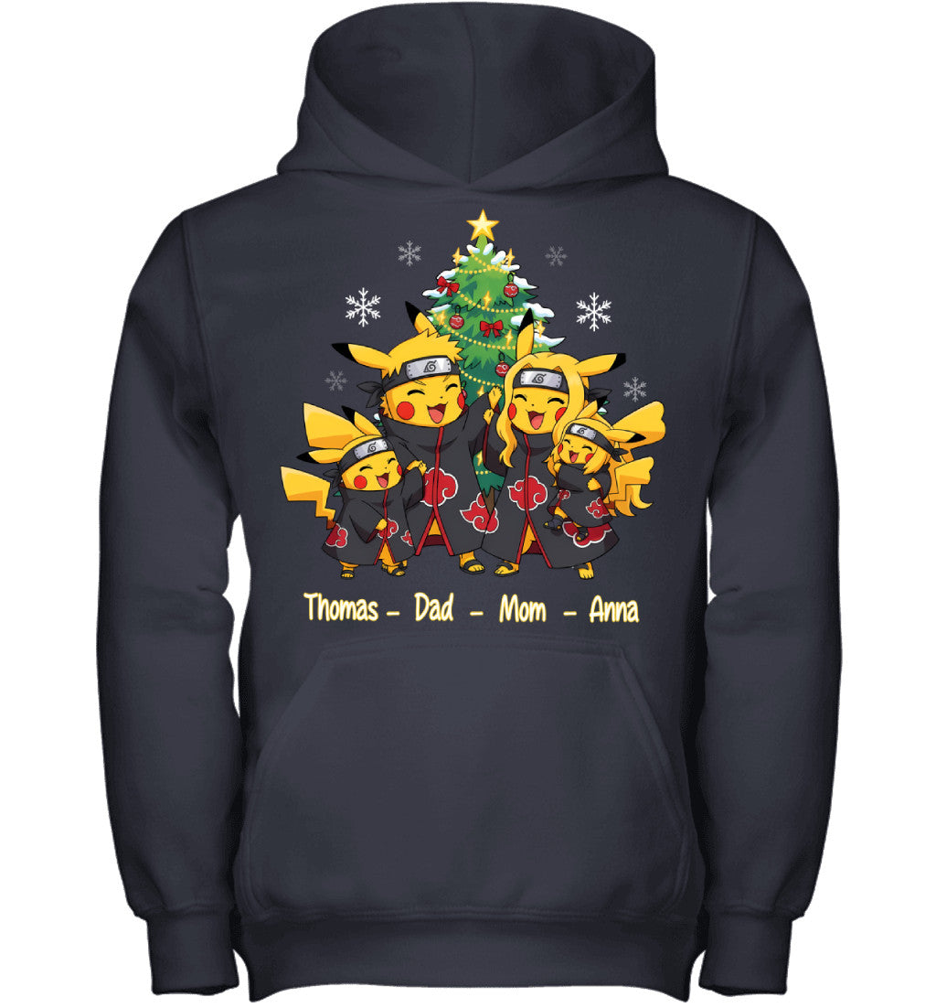 Pikachu x Uchiha Akatsuki Parents & Kids Custom Name Christmas T-Shirt for Family