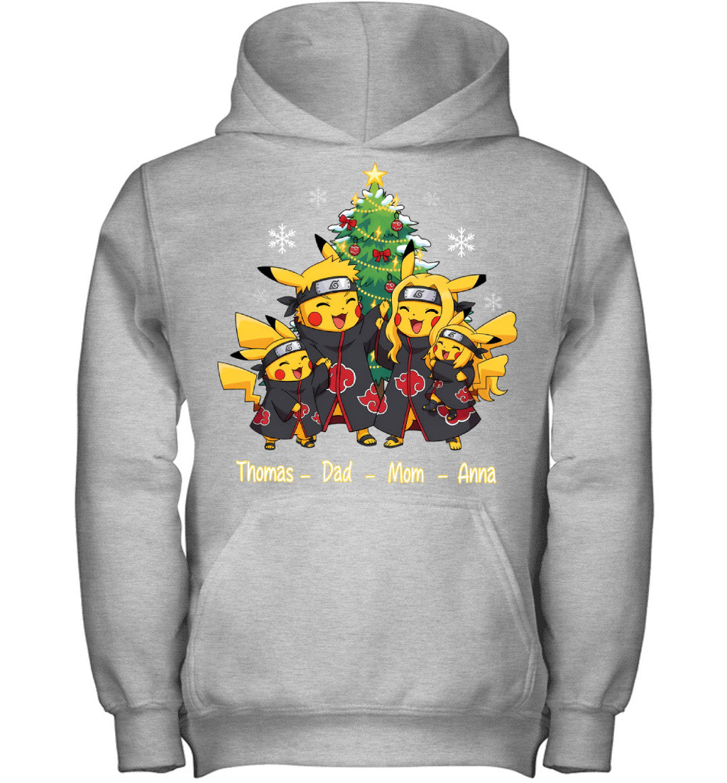 Pikachu x Uchiha Akatsuki Parents & Kids Custom Name Christmas T-Shirt for Family