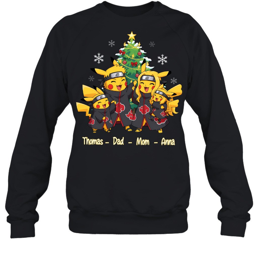 Pikachu x Uchiha Akatsuki Parents & Kids Custom Name Christmas T-Shirt for Family
