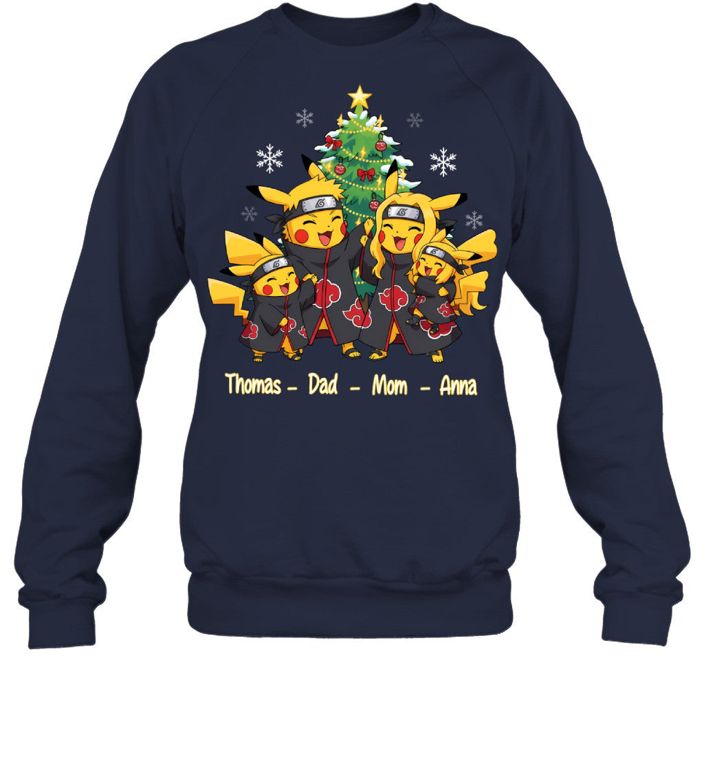 Pikachu x Uchiha Akatsuki Parents & Kids Custom Name Christmas T-Shirt for Family