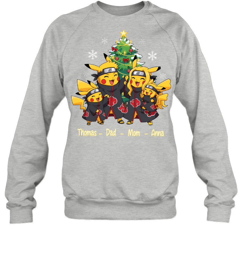 Pikachu x Uchiha Akatsuki Parents & Kids Custom Name Christmas T-Shirt for Family