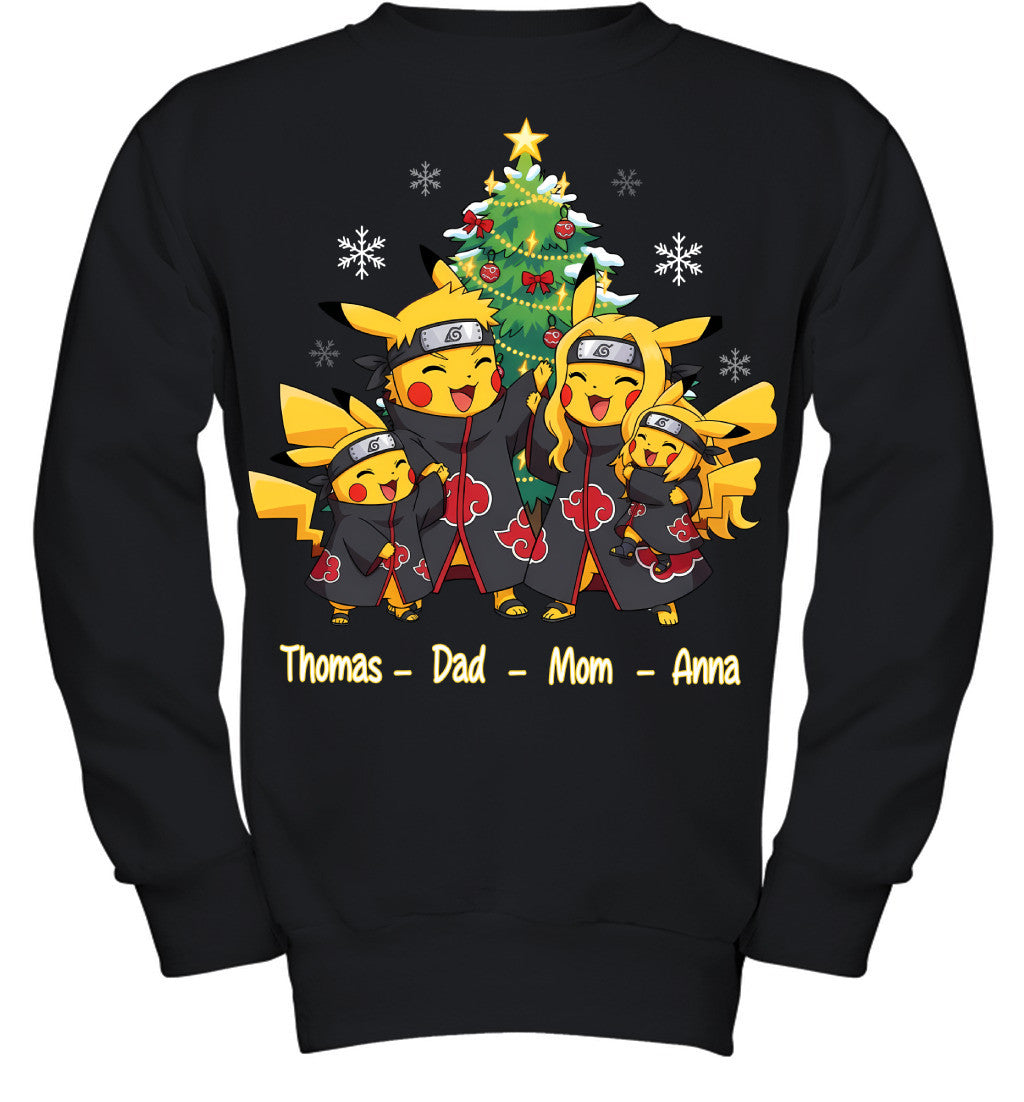 Pikachu x Uchiha Akatsuki Parents & Kids Custom Name Christmas T-Shirt for Family